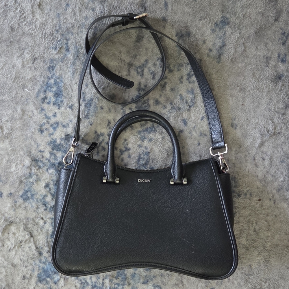DKNY Black Leather Satchel with Silver Hardware and Removable Strap